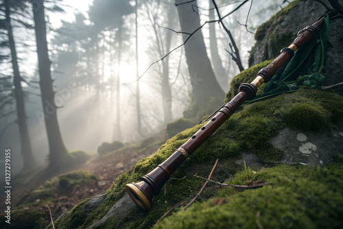Mystical wooden flute resting on mossy rock in foggy enchanted forest, magical Celtic music instrument, St. Patrick’s Day theme photo