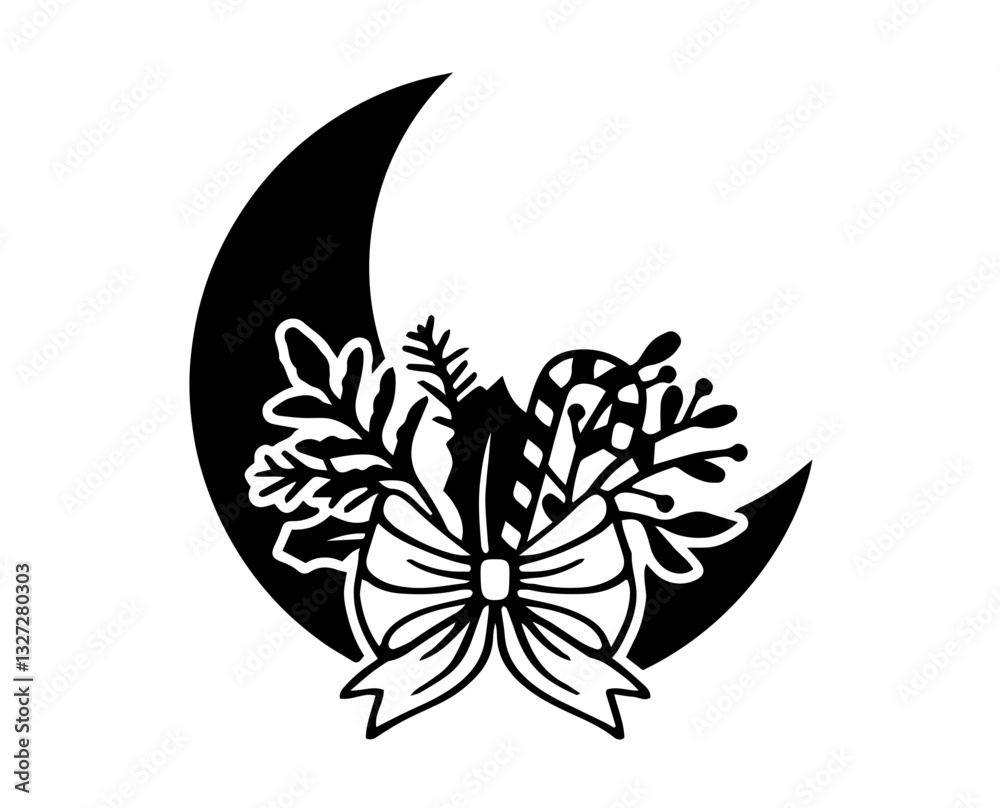 Black crescent moon with decorative winter elements, including leaves, candy cane, and a candle, symbolizing the warmth and festivity of winter holidays. Black crescent moon with decorative winter elements, including leaves, candy cane, and a candle, symbolizing the warmth and festivity of winter holidays.