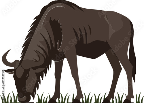 A grazing black wildebeest in a grassy field showcasing minimalistic design style in vector art