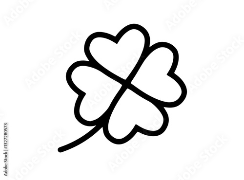 Four-leaf clover with heart-shaped leaves, symbolizing good luck, love, and St. Patrick’s Day celebration.