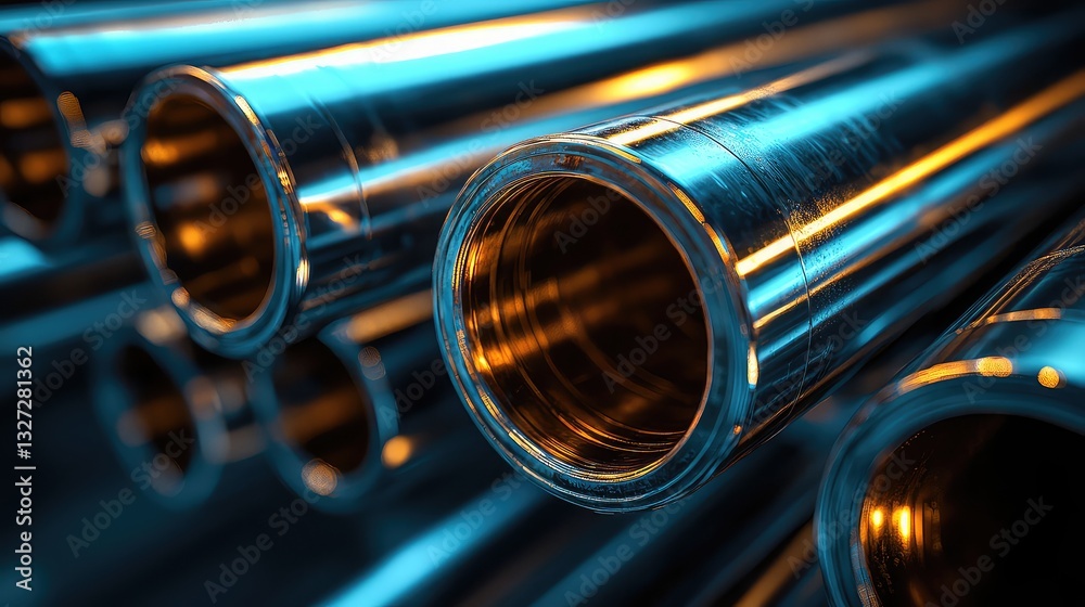 Naklejka premium Precision Machined Steel Pipes Close-up Industrial Photography Showing Polished Metal Cylinders with Reflective Surfaces and Dramatic Lighting