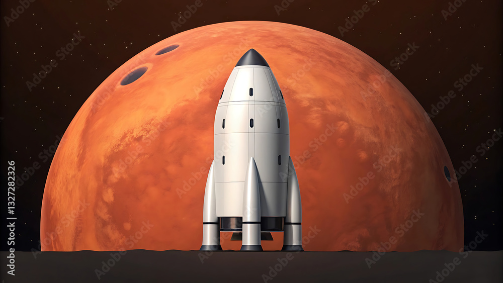 Obraz premium futuristic rocket stands on barren landscape with Mars in background, symbolizing space exploration and innovation