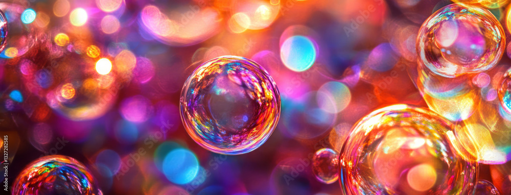 Fototapeta premium Vibrant Soap bubbles floating on a colorful bokeh background