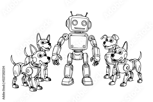 Coloring book page android robot with robot dogs