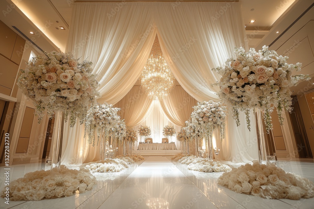 Wedding white room with chandelier hanging from the ceiling. Space is decorated flowers, curtains