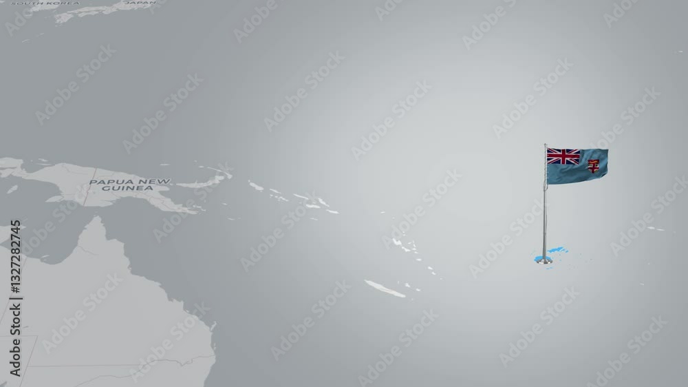 Fiji map animation.The Fiji flag flies majestically over a detailed map.