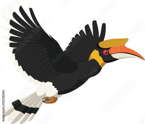 Colorful hornbill bird soaring gracefully in a clear sky, showcasing vibrant plumage in a flat vector art style