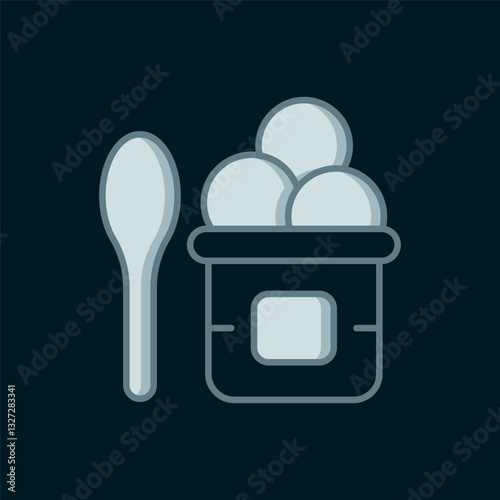 Line Ice cream in the bowl and spoon icon isolated on black background. Sweet symbol. Flat filled outline style with shadow. Vector