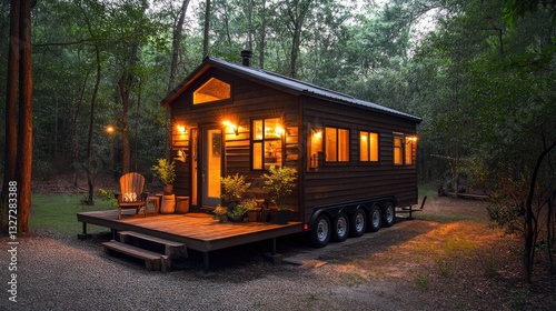 Cozy countryside barn conversion tiny home with rustic wooden accents and warm lighting.