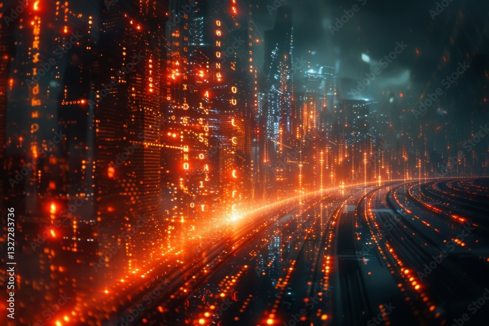 Futuristic City with Digital Data Streams