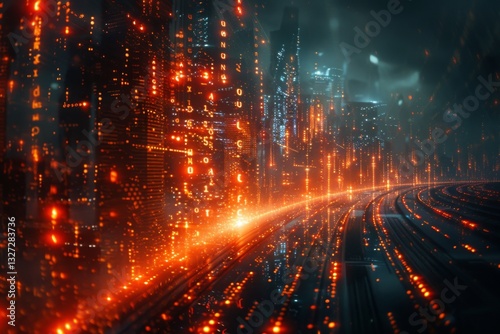 Futuristic City with Digital Data Streams