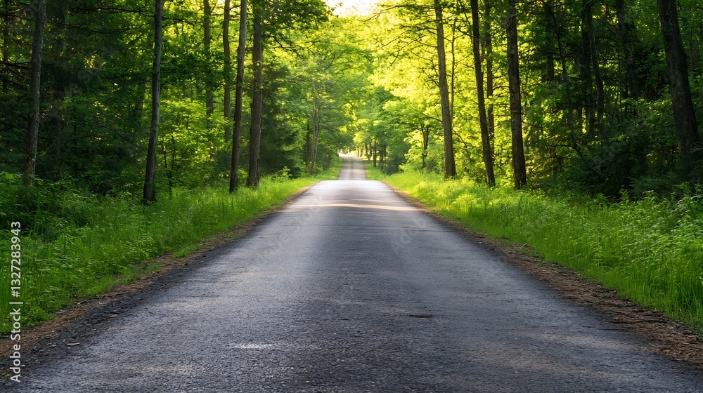 Fototapeta premium Scenic forest road surrounded by lush greenery and sunlight illuminating the pathway : Generative AI