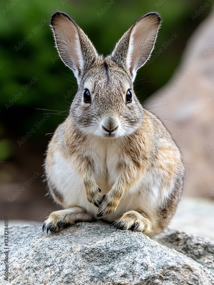Fototapeta premium Curious rabbit sitting on a rock displaying its adorable features and fluffy fur in natural surroundings : Generative AI