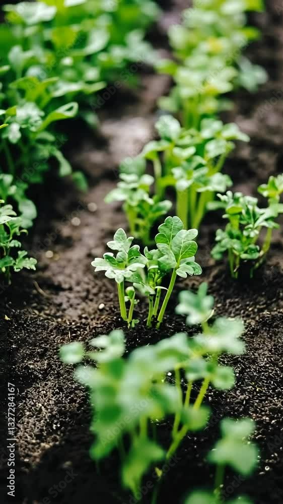 Fresh green seedlings sprout in a rich soil bed, showcasing the beauty of new growth in a home garden Fresh green seedlings sprout in a rich soil bed, showcasing the beauty of new growth in a home garden