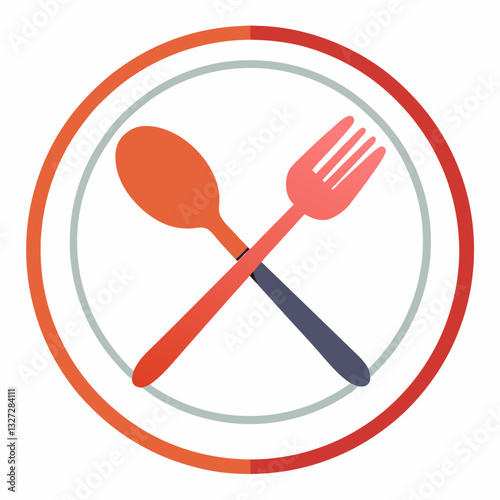 A spoon and fork crossing over a plate in a sleek style with white background