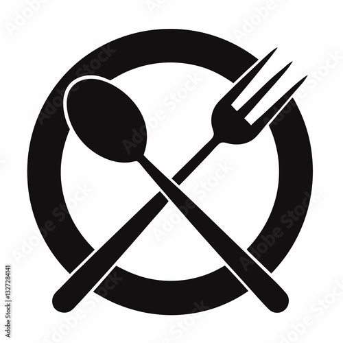 A spoon and fork crossing over a plate in a sleek style with white background