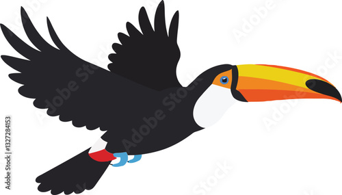 Colorful toucan in mid-flight showcasing vibrant beak and feathers in a flat design style featuring bold colors and clean lines, vector art