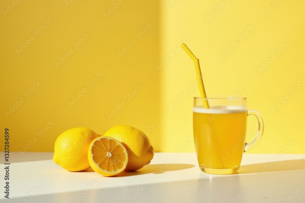Fototapeta premium Refreshing lemonade with lemons on yellow backdrop