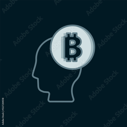 Line Bitcoin think icon isolated on black background. Cryptocurrency head. Blockchain technology, digital money market, cryptocoin wallet. Flat filled outline style with shadow. Vector