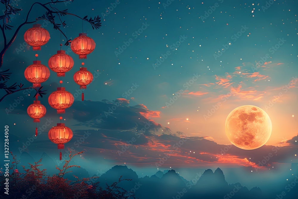 Lanterns Glowing Under a Night Sky with Full Moon