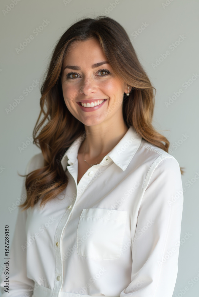 Smiling young businesswoman with long wavy brown hair wearing a white shirt, professional corporate portrait with neutral background Smiling young businesswoman with long wavy brown hair wearing a white shirt, professional corporate portrait with neutral background