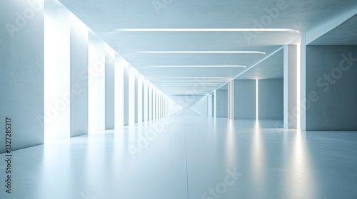 An expansive bright architectural corridor with illuminated rectangular openings