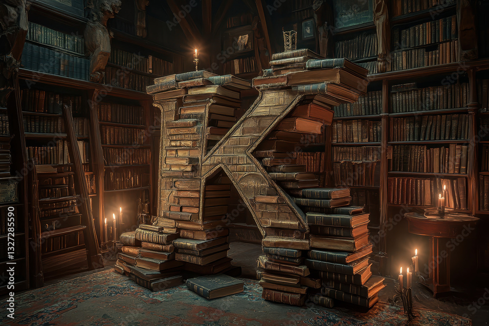 Obraz premium Creative display of vintage books on a shelf forming the letter 'K', symbolizing the love of reading and knowledge