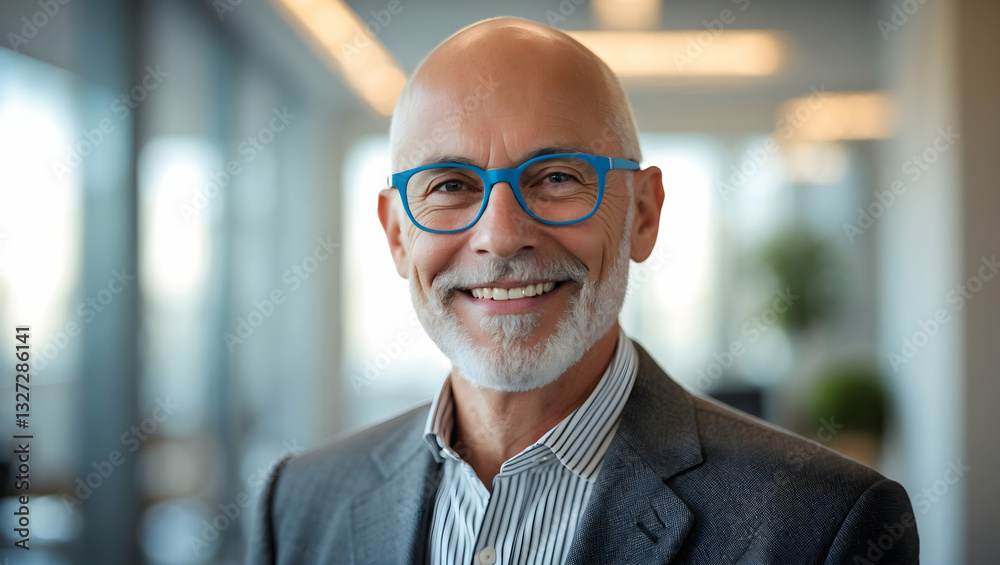 A Confident Mature Man With A Warm Smile And Bright Blue Glasses Radiates Success In A Modern Office Setting With Soft Natural Light A Confident Mature Man With A Warm Smile And Bright Blue Glasses Radiates Success In A Modern Office Setting With Soft Natural Light