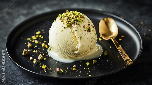An elegant dessert scene featuring a single scoop of creamy pistachio ice cream served on a sleek black plate, garnished with crushed pistachios and paired with a golden dessert spoon. 