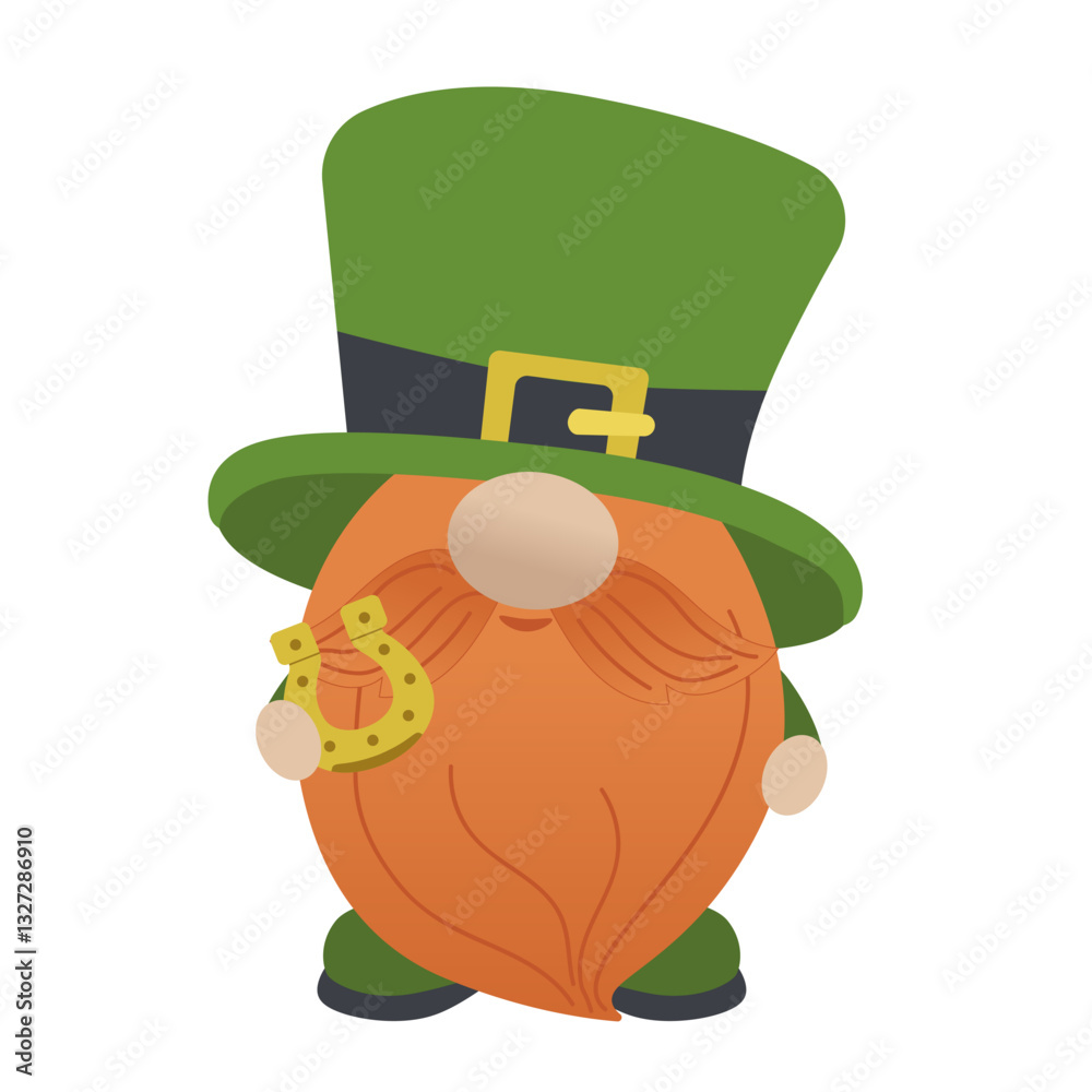 Fototapeta premium Cute leprechaun, with lucky horseshoe. Cartoon happy elf, dwarf, bearded little man. Vector illustration isolated on white background. St. Patrick s Day icon, Irish mythology, fantasy gnome character