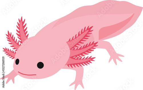 Playful pink axolotl with feathery gills swimming in a serene aquatic environment, illustrated in a minimal flat design style, vector art