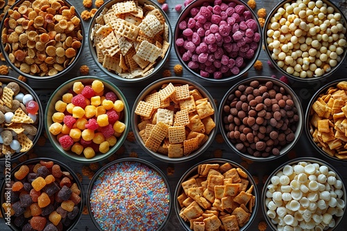 Variety of crunchy snacks are displayed in bowls, including chips, pretzels and other treats