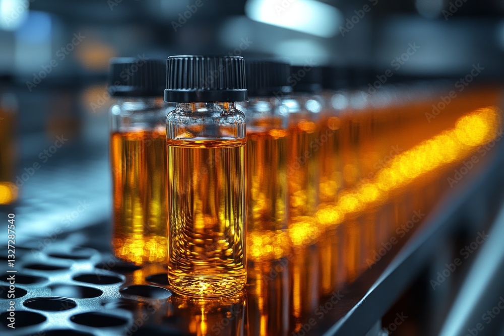 Row of Laboratory Vials with Yellow Liquid for Urine Analysis