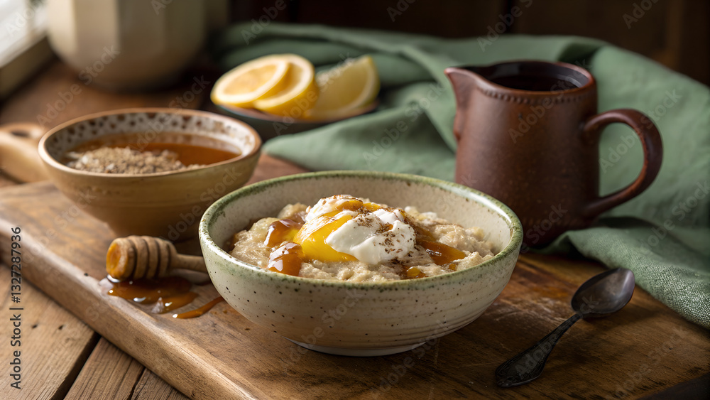 Traditional Irish breakfast with oatmeal and honey, cozy morning meal, St. Patrick’s Day rustic breakfast Traditional Irish breakfast with oatmeal and honey, cozy morning meal, St. Patrick’s Day rustic breakfast