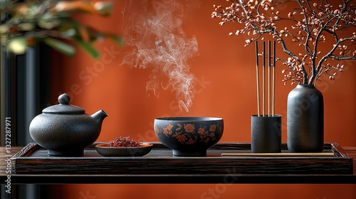 Serene Tea Ceremony Setup with Incense Burning and Dried Flowers, Dark Brown and Orange Color Scheme, Still Life Photography