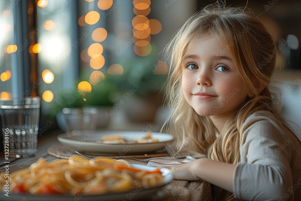 Smiling Child at Table with Healthy Dinner