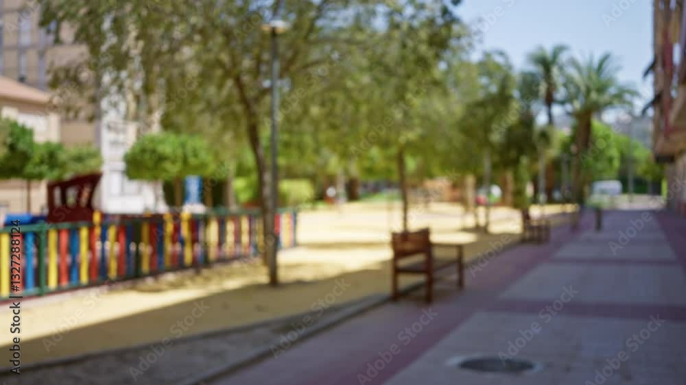 Defocused park with colorful fence bokeh trees and benches blurred outdoor setting in sunny day Defocused park with colorful fence bokeh trees and benches blurred outdoor setting in sunny day