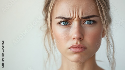 Young woman frowning and showing wrinkles on forehead. Close-up of a young woman frowning, highlighting wrinkles on her forehead, a concept of aging and skin care.