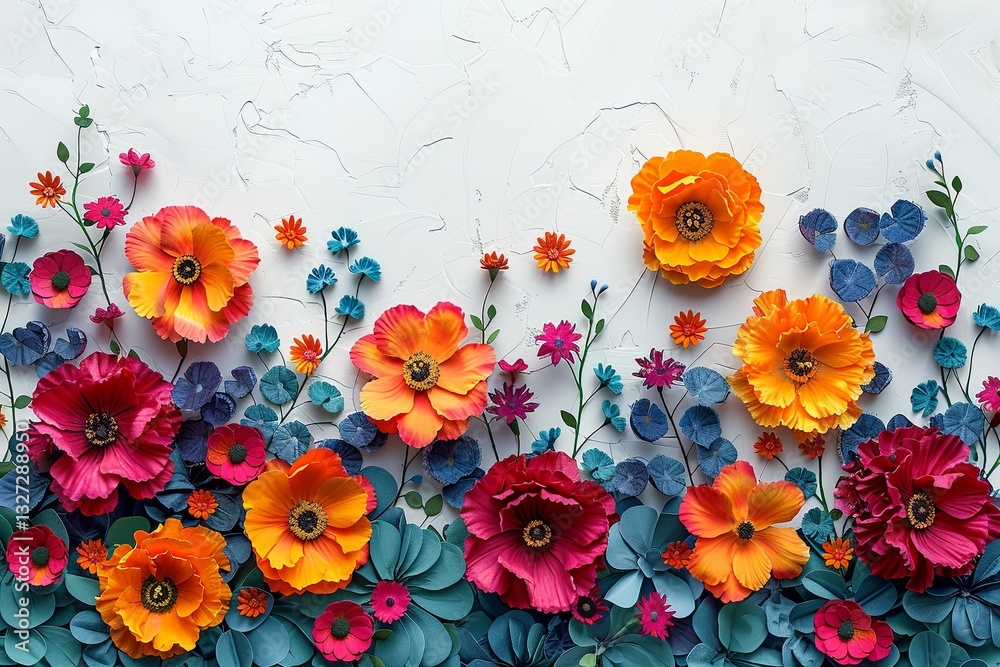 Artistic Paper Flowers in Bold Colors on White Background