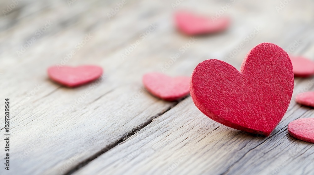 Obraz premium Collection of small red heart shapes on rustic wooden background creating a romantic atmosphere : Generative AI