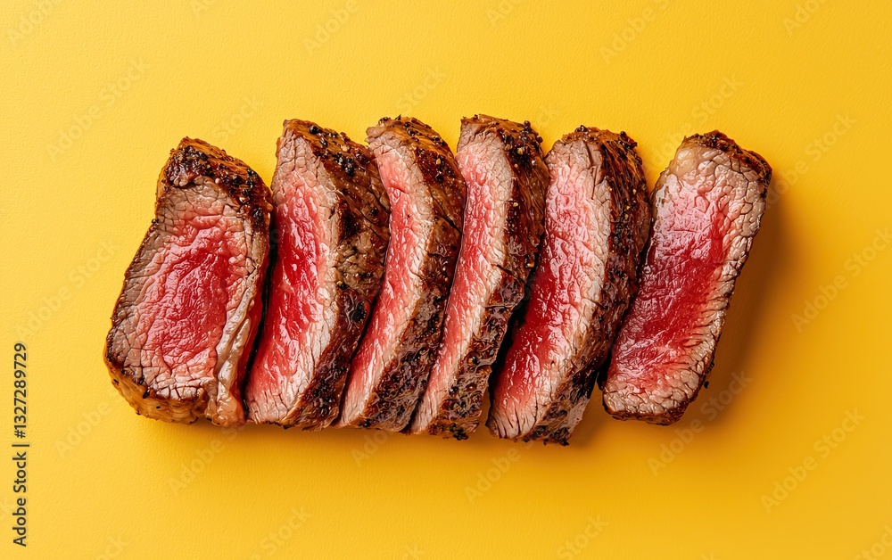Slices of juicy steak displayed on a bright yellow background, showcasing the tender pink interior and perfectly seared outer crust. Slices of juicy steak displayed on a bright yellow background, showcasing the tender pink interior and perfectly seared outer crust.