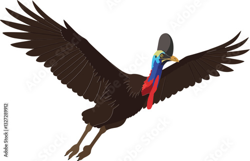 Colorful cassowary with large wings spread wide in a dynamic pose in flat vector art