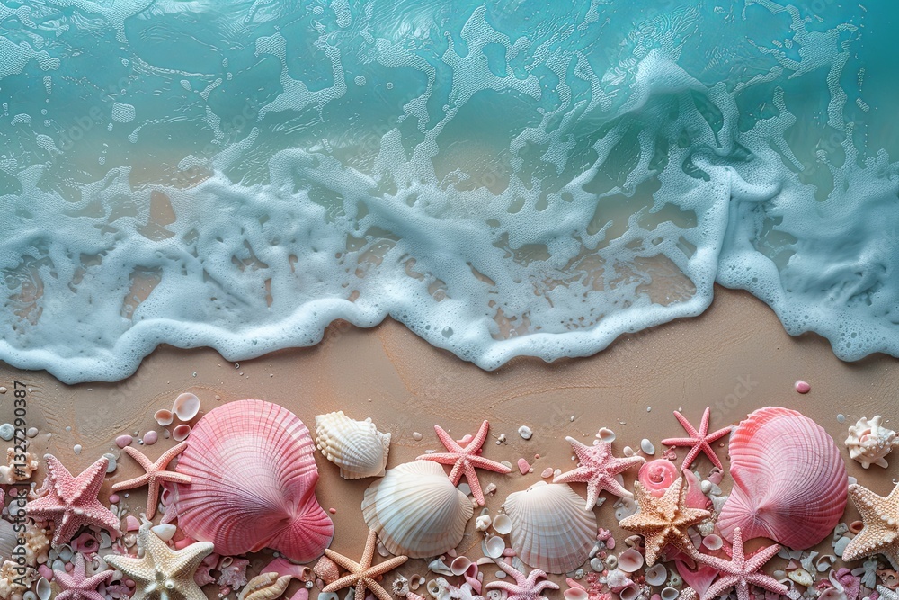 Pink Seashells and Starfish Along Foamy Waves on Beach