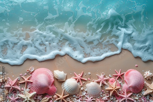 Obraz na płótnie Pink Seashells and Starfish Along Foamy Waves on Beach w salonie