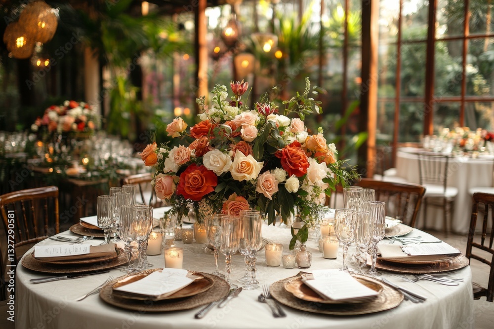 Wedding table with vase of flowers and candle in middle
