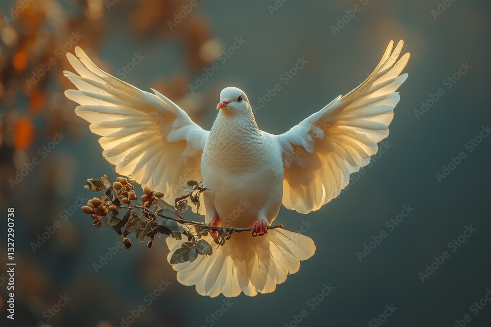 White dove is flying in the air with its wings spread wide. Concept of freedom and peace