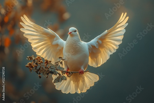 Obraz na płótnie White dove is flying in the air with its wings spread wide. Concept of freedom and peace w salonie