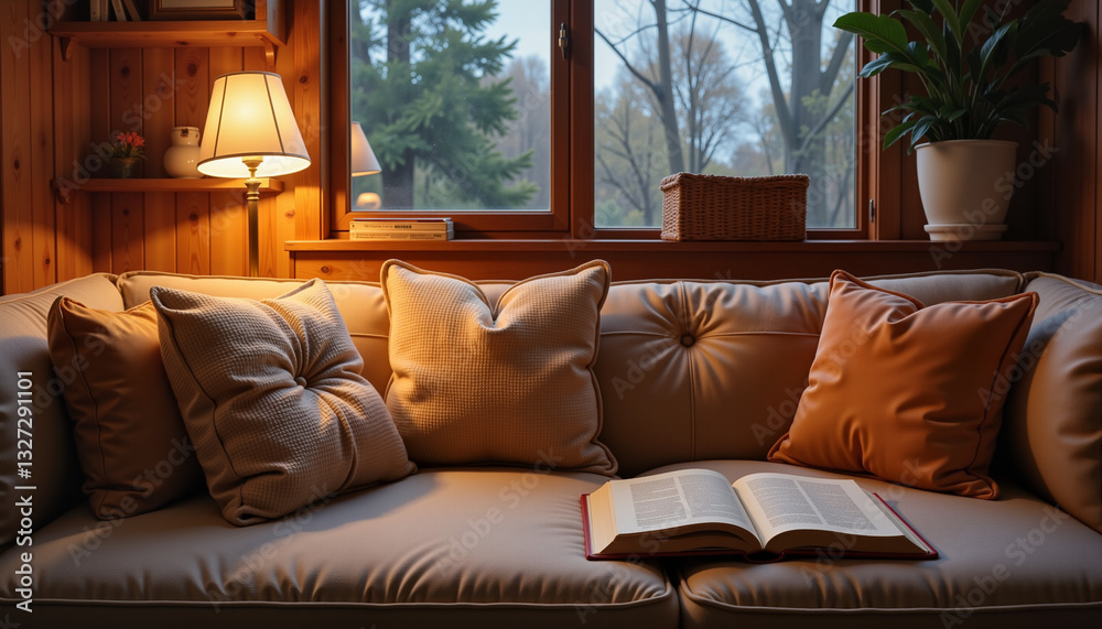 Fototapeta premium Cozy workspace with cushions and study lamp, peaceful exam preparation