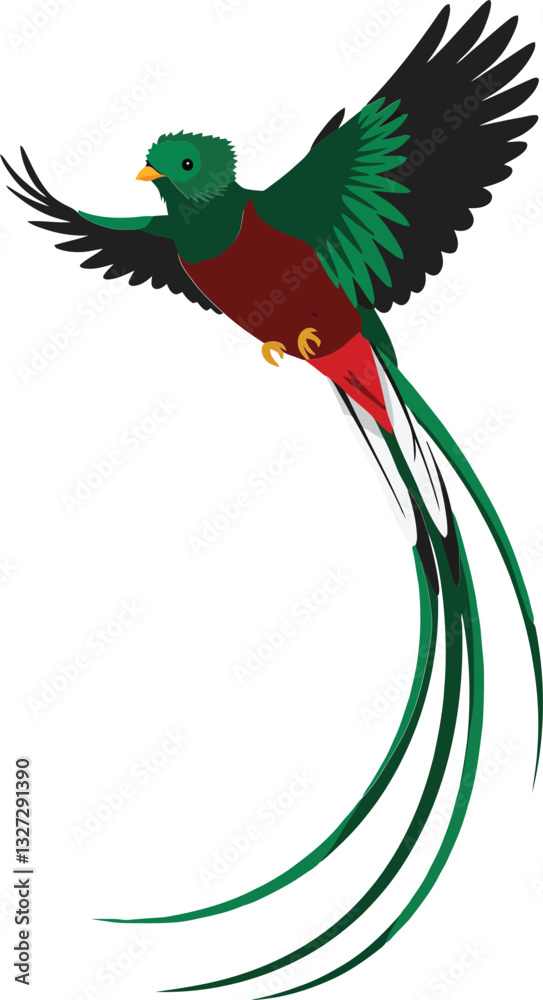 Vibrant quetzal bird in colorful plumage soaring gracefully through the air, showcasing detailed flat vector art