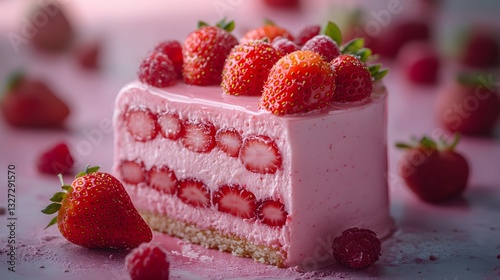 An Elegant Strawberry Mousse Cake with Garnishes in a Whimsical Setting for a Refreshing Summertime Dessert Experience